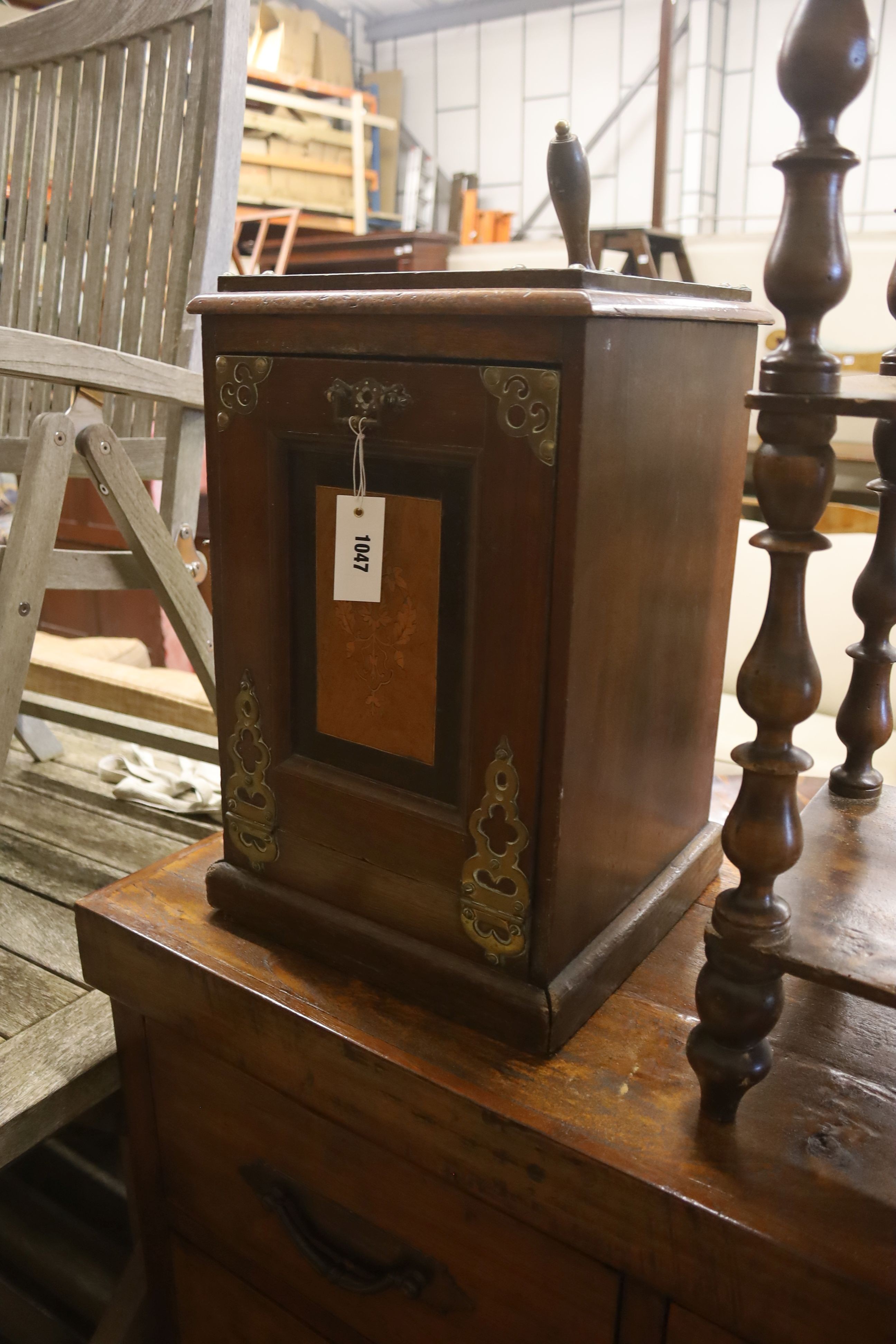 A late Victorian brass mounted inlaid mahogany coal purdonium and scoop, width 32cm, depth 32cm, height 51cm